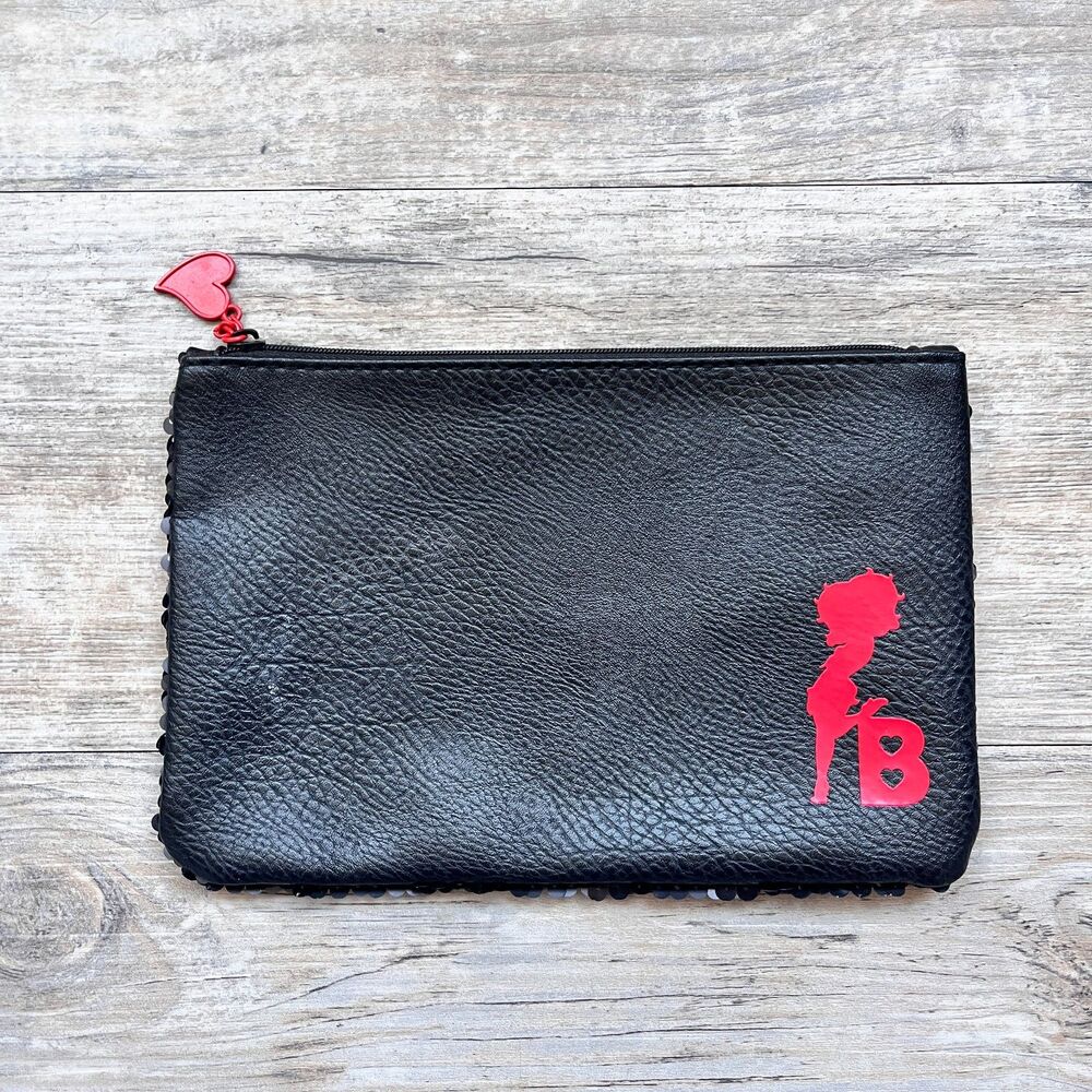 Betty Boop Black Faux Leather Makeup Bag Zip Pouch Cosmetic Organizer Cute